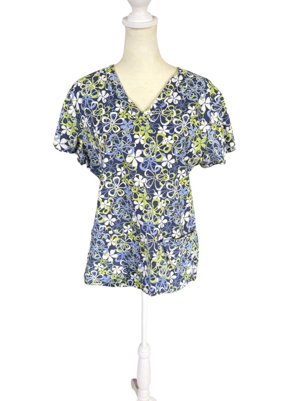 MC2 lime green and blue floral short sleeve v-neck scrub top front pockets L